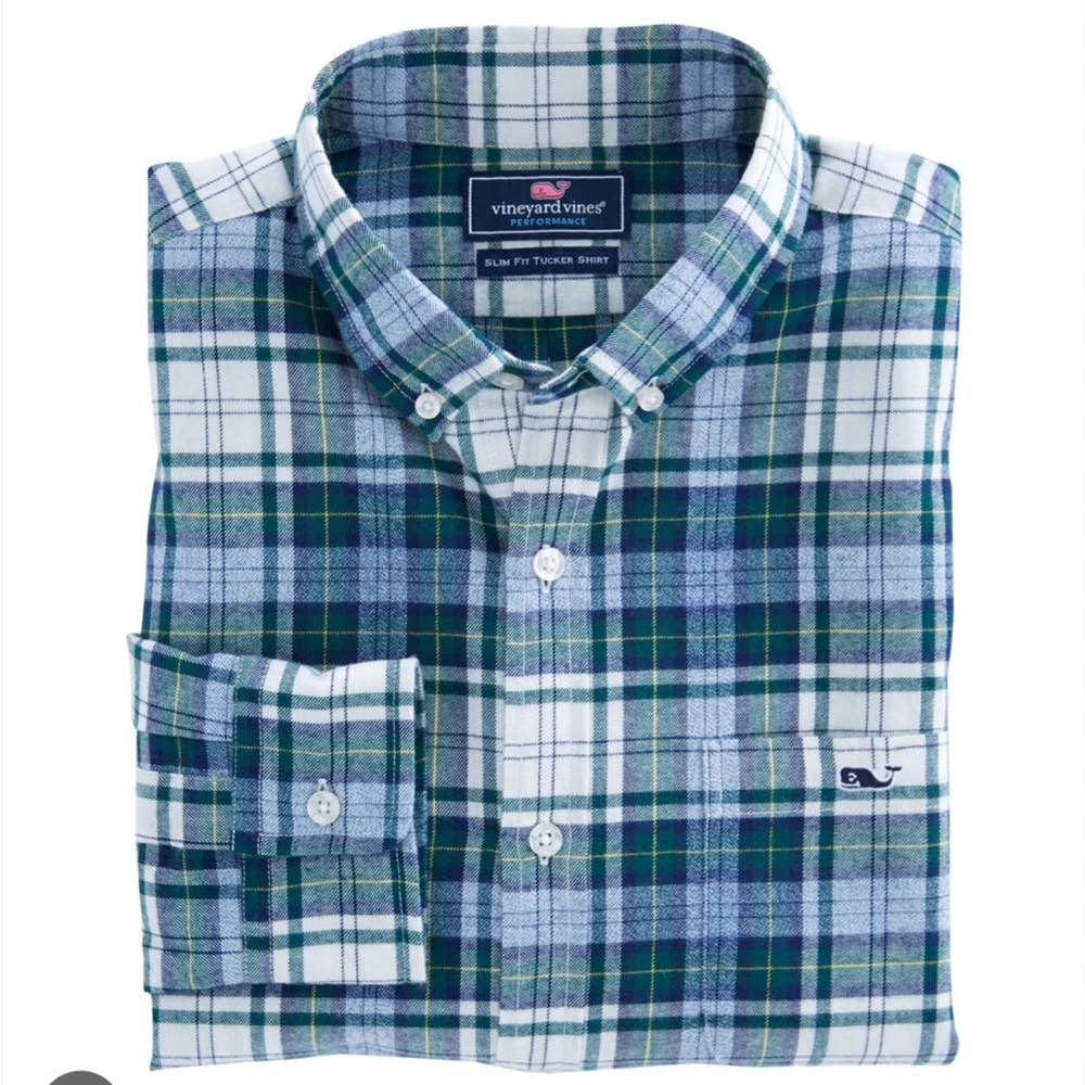 Vineyard Vines Performance Flannel Slim Tucker Shirt in Blue and Green Plaid XL